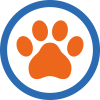 blue and orange icon of a paw inside a circle